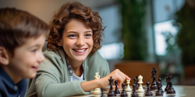 Een jongen speelt schaak met zijn moeder Generatieve AI