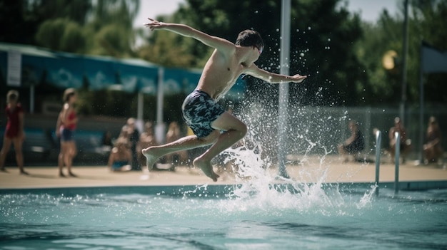 Een jongen springt in een zwembad met een blauwe tent op de achtergrond.