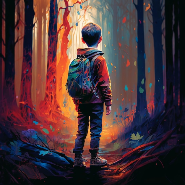 Een jongen staat in een bos met een rugzak waarop staat 'het einde van de wereld'