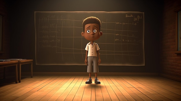 Een jongen staat in een donkere kamer met een schoolbord achter zich.