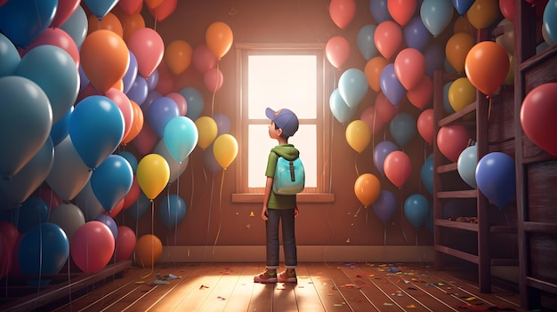 Een jongen staat in een kamer met ballonnen aan de muren en een groen jasje met een blauwe rugzak.