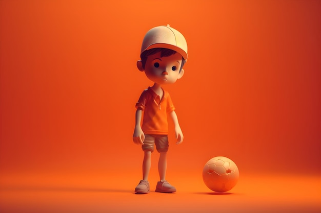Een jongen staat naast een sinaasappel.