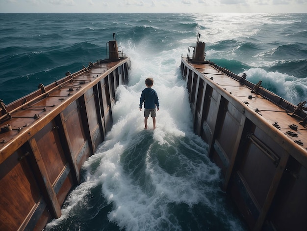 Een jongen staat op de rand van een schip in het midden van de oceaan.