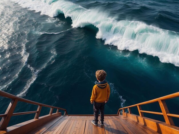 Foto een jongen staat op de rand van een schip in het midden van de oceaan.