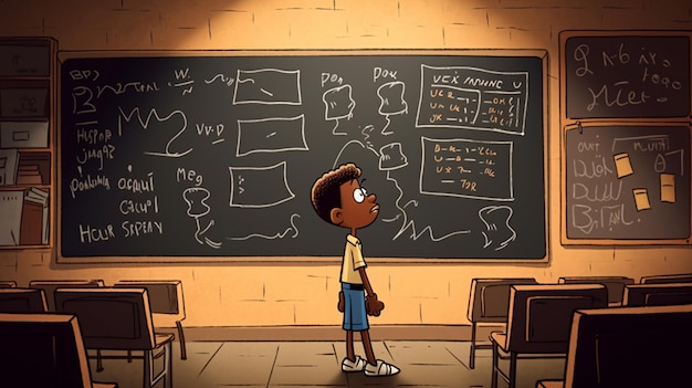 Een jongen staat voor een bord met het woord wiskunde erop.