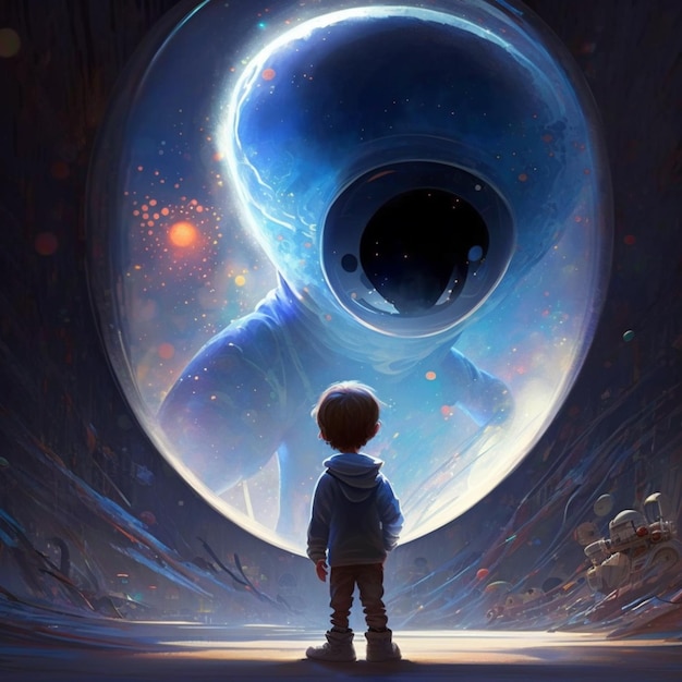 Een jongen staat voor een gloeiend buitenaards wezen en kijkt naar een gigantisch buitenaards wezen.