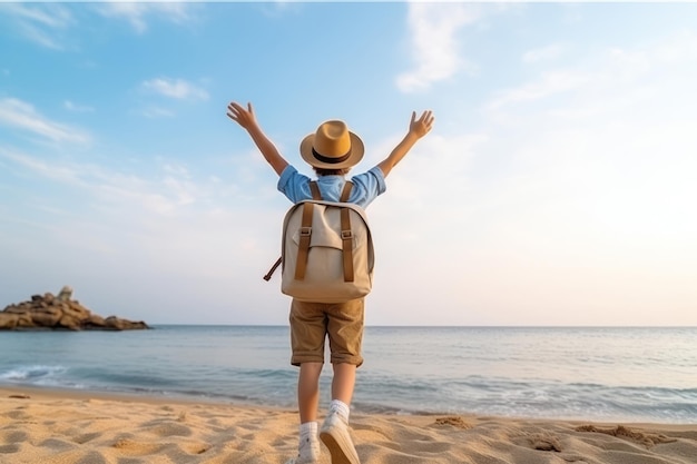 Een jongen van 10 jaar springt met uitgestrekte armen op het strand