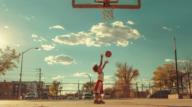 een jongen van vijf jaar oud die buiten basketbal speelt in het zomerseizoen