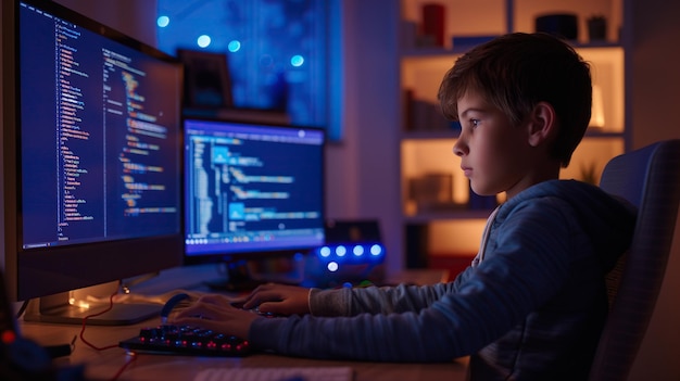Een jongen wordt ondergedompeld in programmeren, het maken en implementeren van software met codering. Het bevordert probleemoplossende vaardigheden en logisch redeneren dat bijdraagt aan technische bekwaamheid.