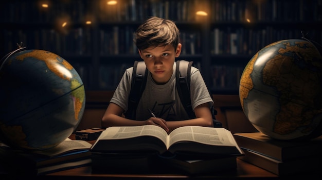 Foto een jongen zit aan een tafel met twee globe boeken ai