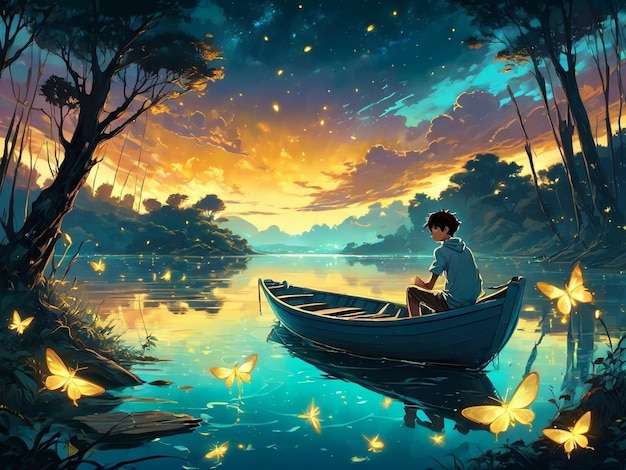 een jongen zit in een boot op het water droom landschap kunst tussen prachtige gouden vuurvliegjes