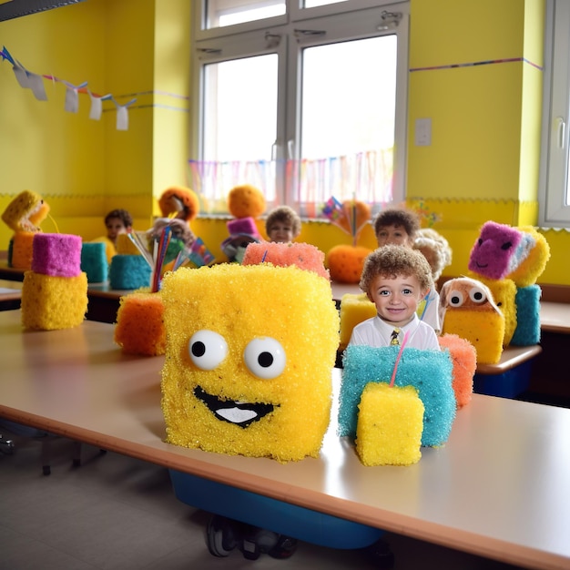 Foto een jongen zit in een klaslokaal met een gele en blauwe monsterknuffel.