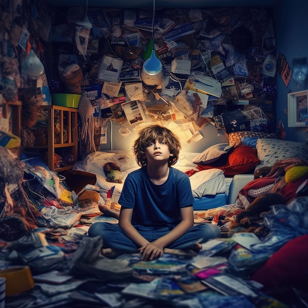 een jongen zit op een bed met een blauw shirt met de tekst "kleine jongen".