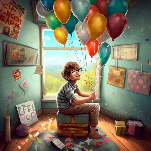 Een jongen zit op een doos met ballonnen voor een raam waar cityhop op staat.