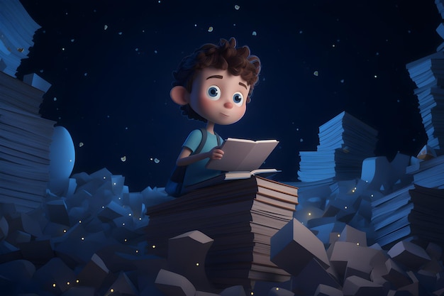 Een jongen zit op een stapel boeken in een donkere nacht.