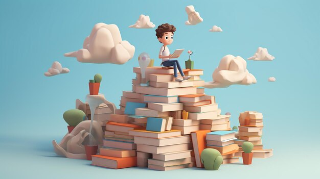 een jongen zit op een stapel boeken met een boek en een wolk op de achtergrond.