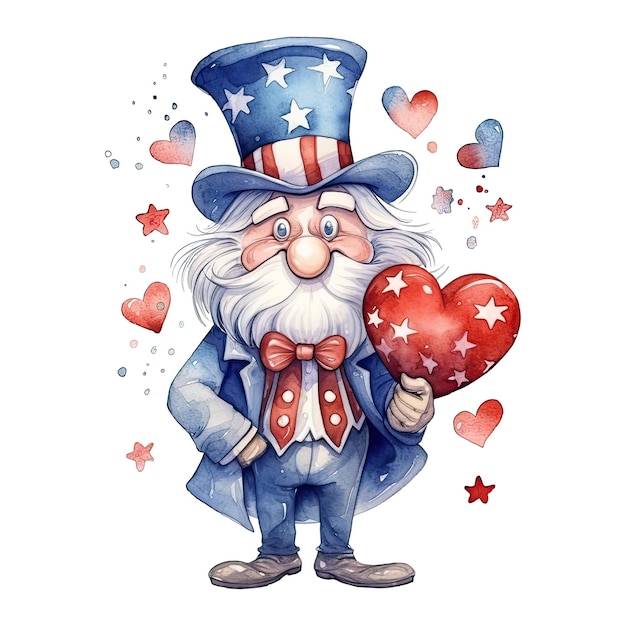 Een joviaal karakter houdt een hartvormige Amerikaanse vlag vast