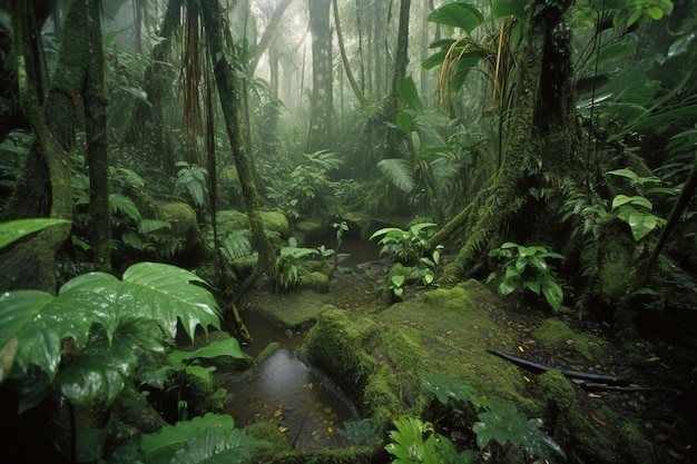 Een jungle met een beekje er middenin