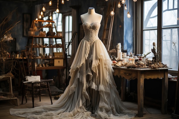 Een jurk op een mannequin in een kamerworkshop