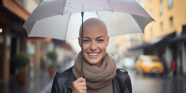Een kaal meisje met een paraplu in haar handen staat op straat in regenachtig weer Generatieve AI