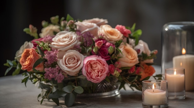 Een kaars en een boeket bloemen op een tafel