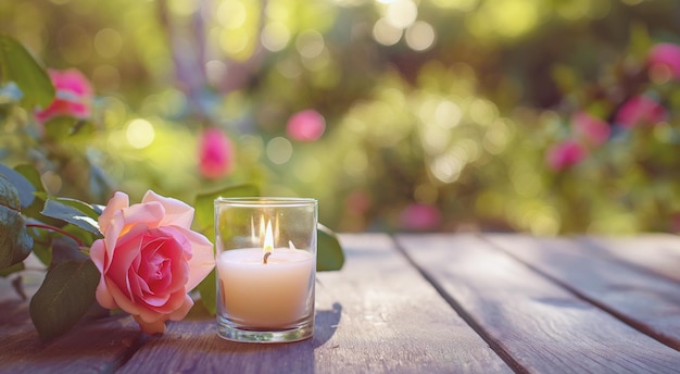 Een kaars en een roos op een houten tafel met een weelderige tuin op de achtergrond