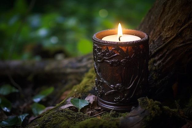 Een kaars in een donker bos met een groene achtergrond