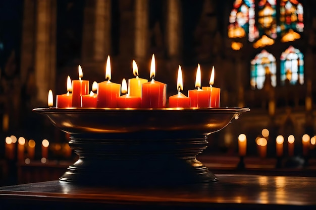 Foto een kaars in een kerk met een glas-in-lood raam erachter.