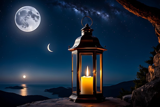 een kaars in een lantaarn met een maan op de achtergrond