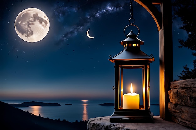 een kaars in een lantaarn met een volle maan op de achtergrond