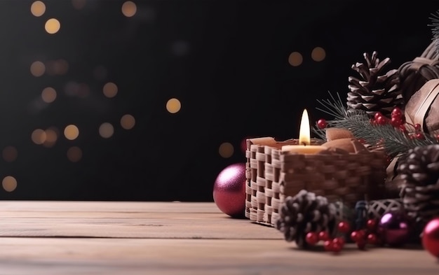 Een kaars in een mandje met een kerstboom op de achtergrond