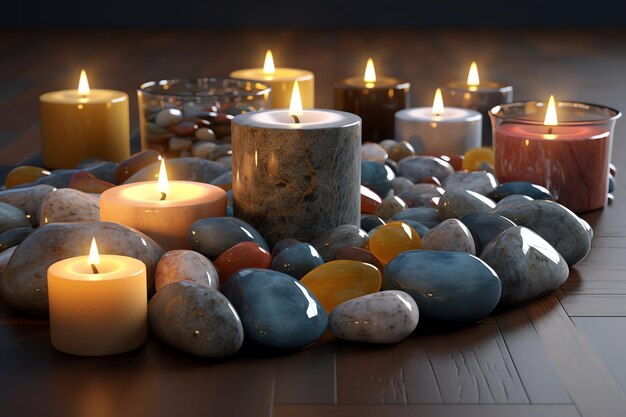 Een kaars omringd door kaarsen en stenen