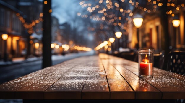 Een kaars op een tafel in de sneeuw.