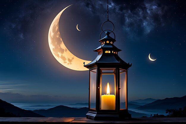 een kaars wordt aangestoken voor een lantaarn met de maan op de achtergrond