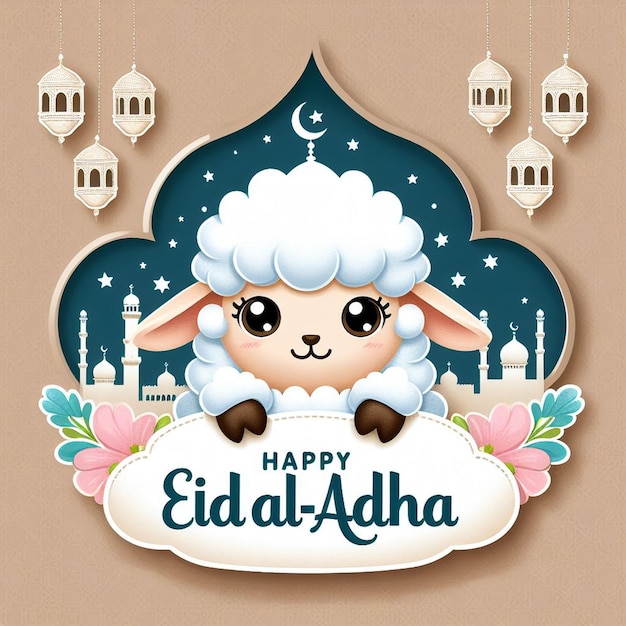 een kaart van Eid Al Adha sjabloon met een schattig schaap en moskee achtergrond