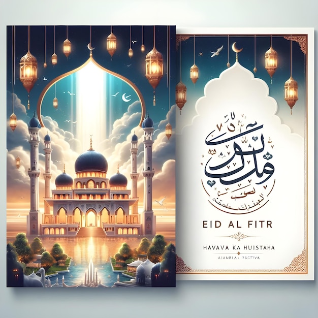 Een kaartje van een Arabisch feest met een foto van een moskee en de woorden Eid Mubarak