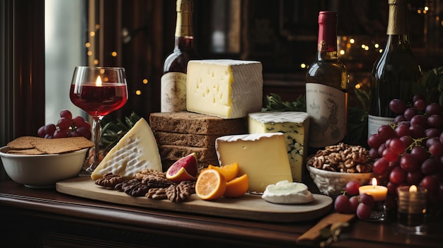 een kaas en wijn op een tafel