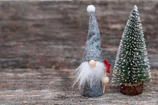 Een kabouter met een grijze pet en een kerstster in zijn hand staat met een kerstboom