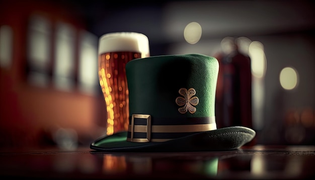 Een kabouterhoed en een glas bier op een tafel St Patrick's Day Generative AI