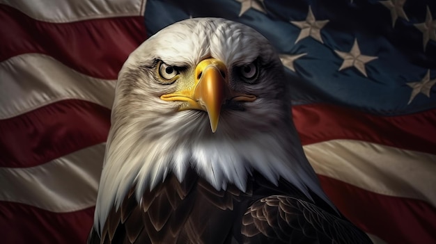 Een kale adelaar met Amerikaanse vlag op de achtergrond Generatieve ai