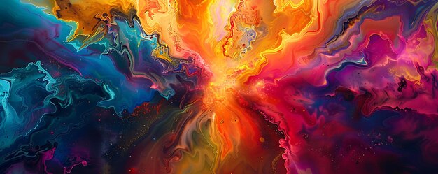 Een kaleidoscopische uitbarsting van kleuren op een doek creëert een levendige visuele symfonie van vloeibare vreugde en verbeelding.