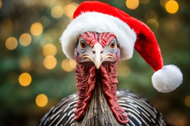 Een kalkoen met een kerstmuts die tegen de achtergrond van de bokehverlichting is geschoten