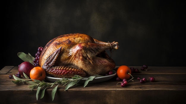 Een kalkoen op tafel met veenbessen en veenbessen