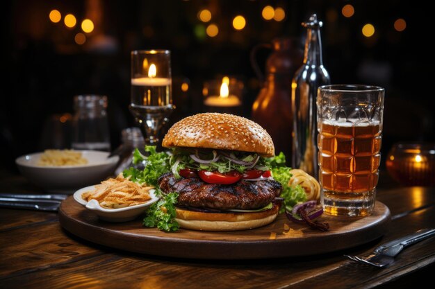 Foto een kalkoenhamburger in een rustieke koffie met rustieke houten tafels generatieve ia