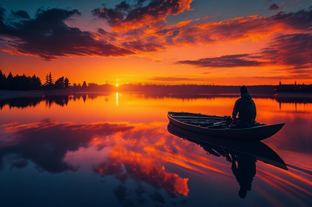 Foto een kalme zonsondergang boven een kalm meer, terwijl iemand geniet van het zonsondergangmoment dat ai genereert