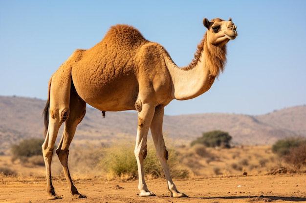 een kameel die in een woestijn staat met een berg op de achtergrond