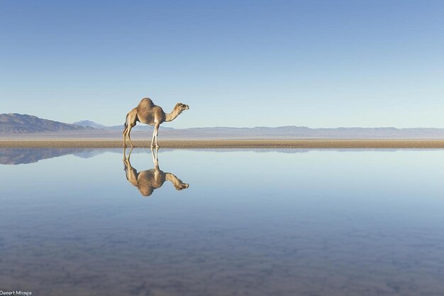 Een kameel die in het midden van een meer staat