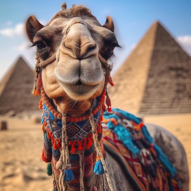 Een kameel met blauwe en rode kwastjes op zijn neus