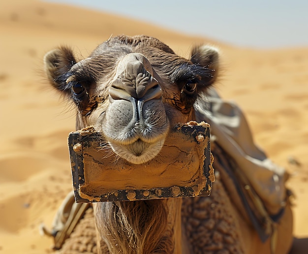 een kameel met een kameel hoofd en een teken dat zegt kameel op het