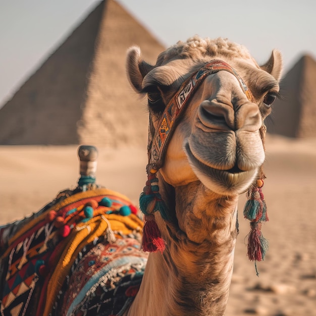 Een kameel met een kleurrijke hoofdtooi op zijn hoofd staat voor piramides